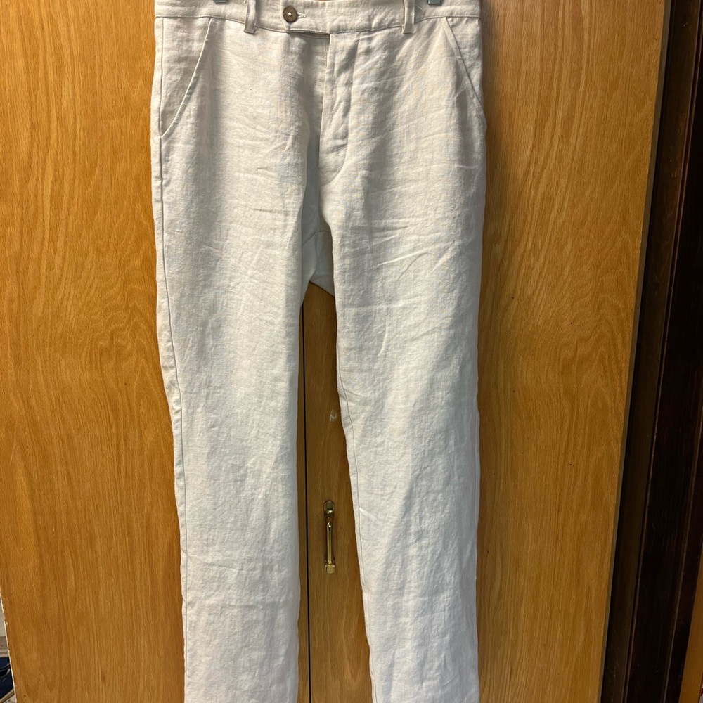 Stylish Natur Linen Ivory Beige Khaki Button Fly Linen Pants 32 Fits 30